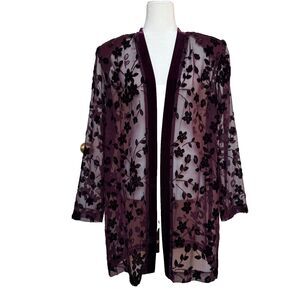Vtg 90s R&M Richards Velvet Burnout Duster Womens 14 Purple Sheer Floral Sparkle